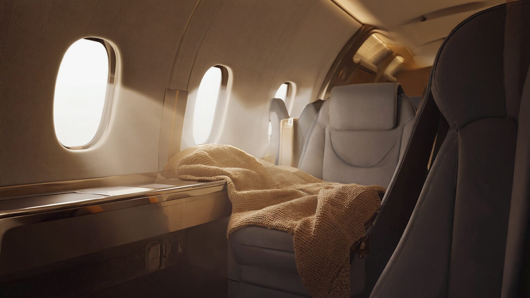 Warm-lit interior of a private jet cabin