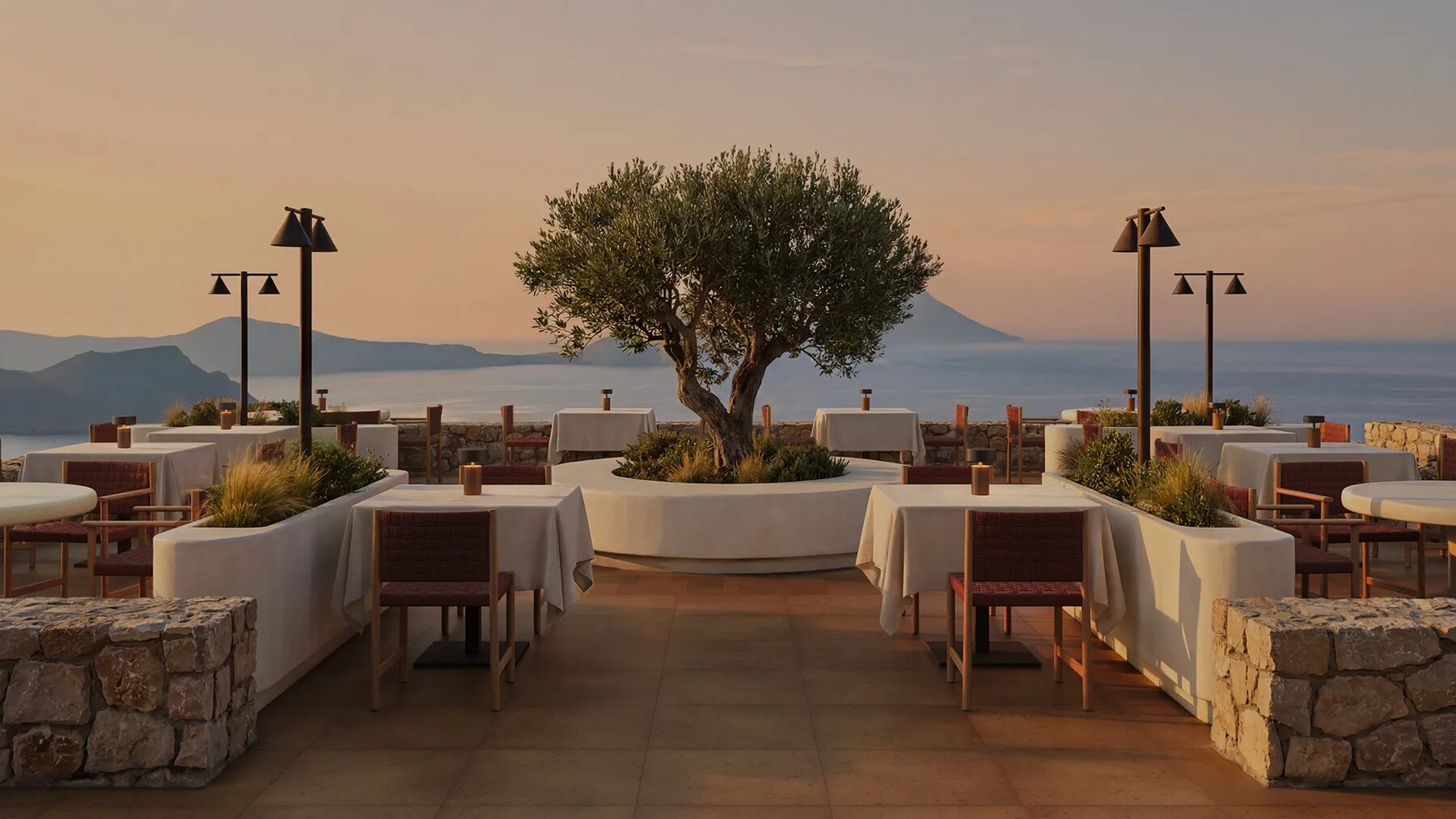 Restaurant terrace at sunset with olive tree and sea view